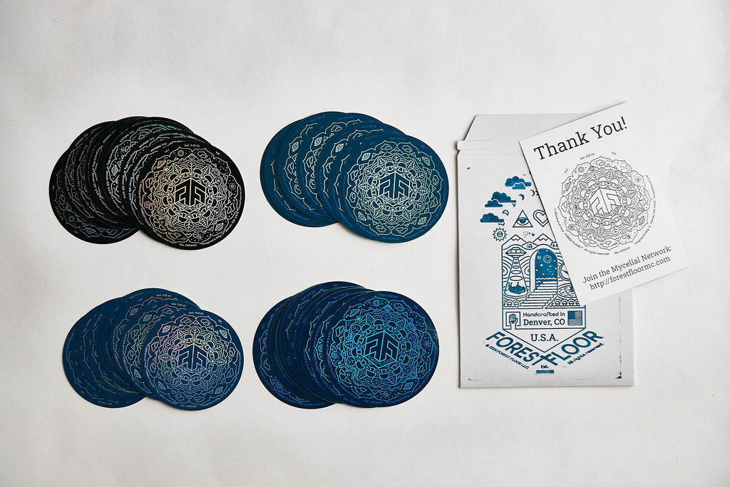 (52) Stickers Set, FOREST FLOOR Mandala Logo™, Pack of Fifty-Two Round Psychedelic Decals