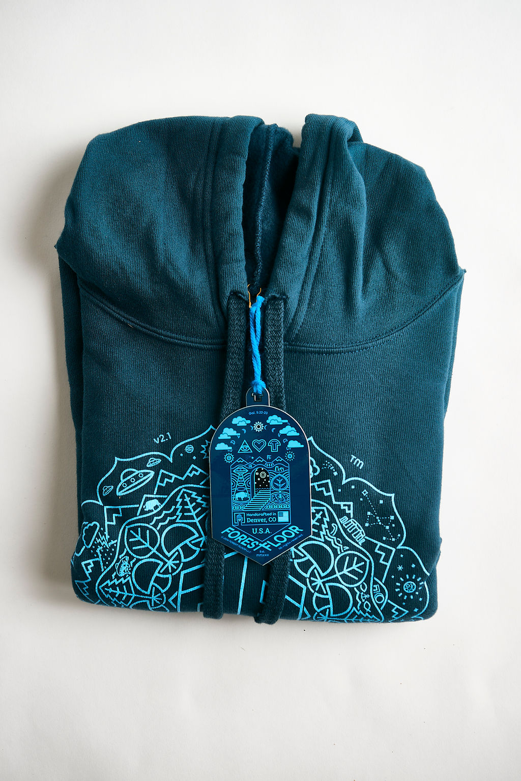 Women's Psilocybin Blue™ Glow-in-the-Dark FOREST FLOOR Mandala Logo™ on Cropped Sponge Fleece Hooded Sweatshirt