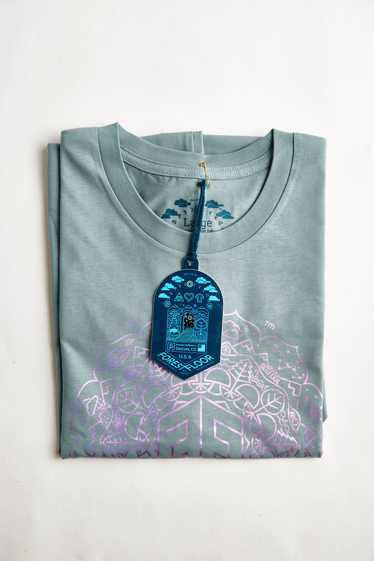 Buy Holographic / Iridescent Foil FOREST FLOOR Mandala Logo™ on 100% Cotton Premium T-Shirt