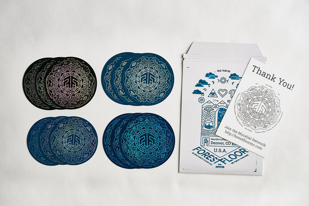 (12) Stickers Set, FOREST FLOOR Mandala Logo™, Pack of Twelve Round Psychedelic Decals