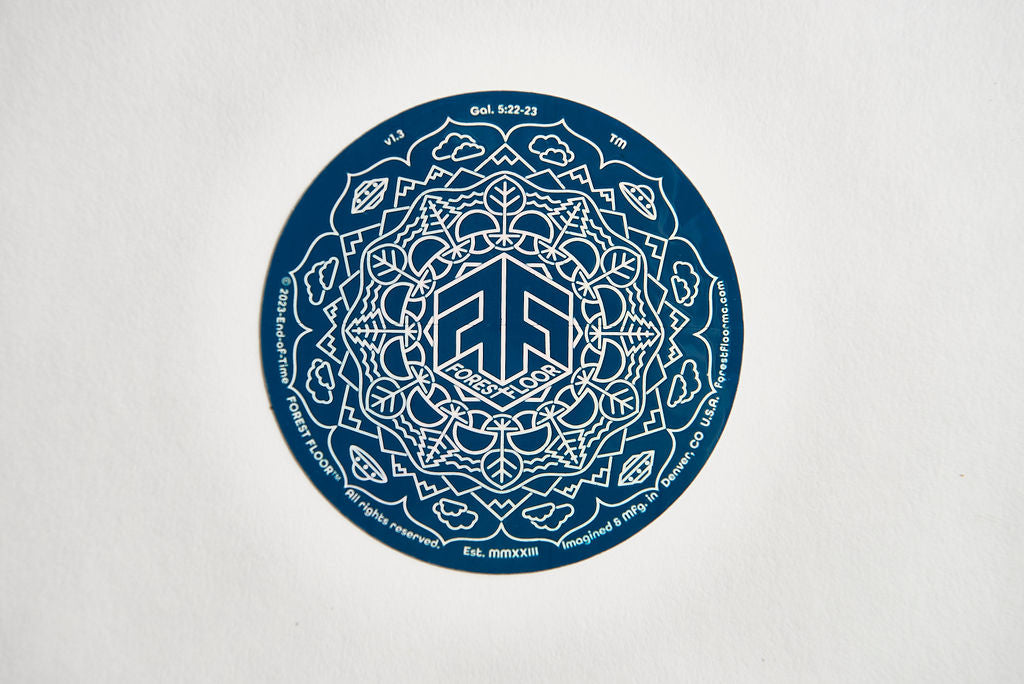 (1) Holographic Sticker FOREST FLOOR Mandala Logo™ v1.3 with Dark Psilocybin Blue™ Background, One 3.50" Round Decal