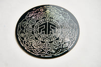 (1) Holographic Sticker FOREST FLOOR Mandala Logo™ v2.1 with Black Background, One 3.75" Round Iridescent Holo Decal