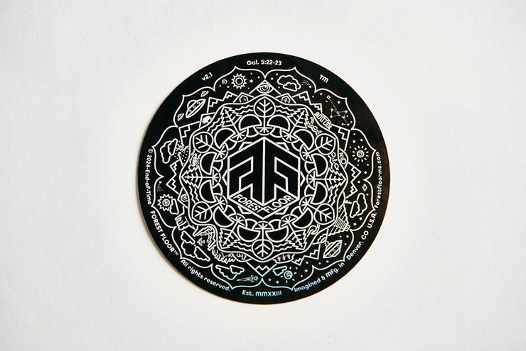 (1) Holographic Sticker FOREST FLOOR Mandala Logo™ v2.1 with Black Background, One 3.75" Round Iridescent Holo Decal