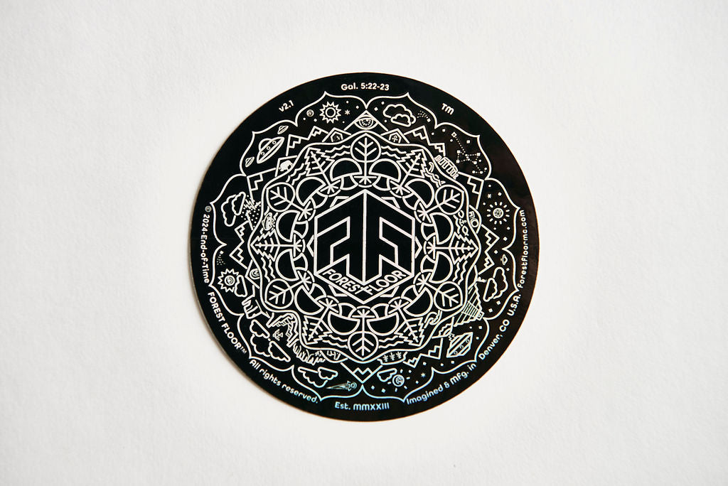 (1) Holographic Sticker FOREST FLOOR Mandala Logo™ v2.1 with Black Background, One 3.75" Round Iridescent Holo Decal