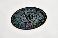 (1) Holographic Sticker FOREST FLOOR Mandala Logo™ v2.1 with Black Background, One 3.75" Round Iridescent Holo Decal