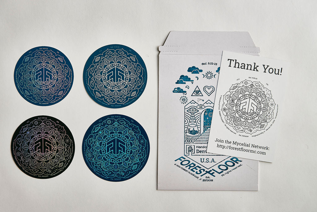 (4) Stickers Set, FOREST FLOOR Mandala Logo™, Pack of Four Round Psychedelic Decals