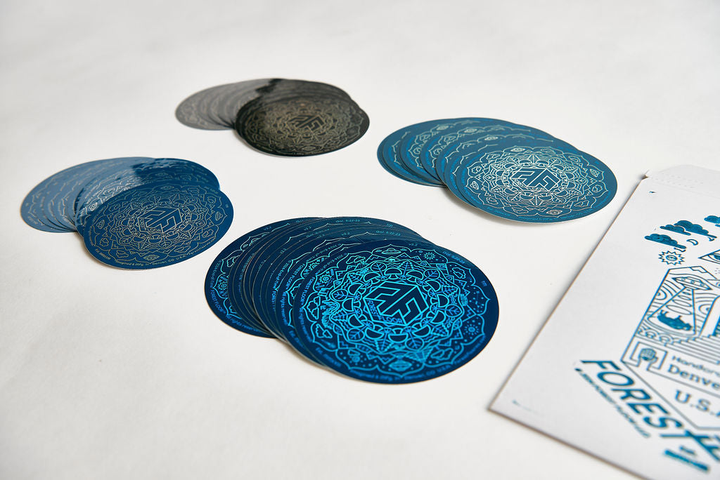 (52) Stickers Set, FOREST FLOOR Mandala Logo™, Pack of Fifty-Two Round Psychedelic Decals