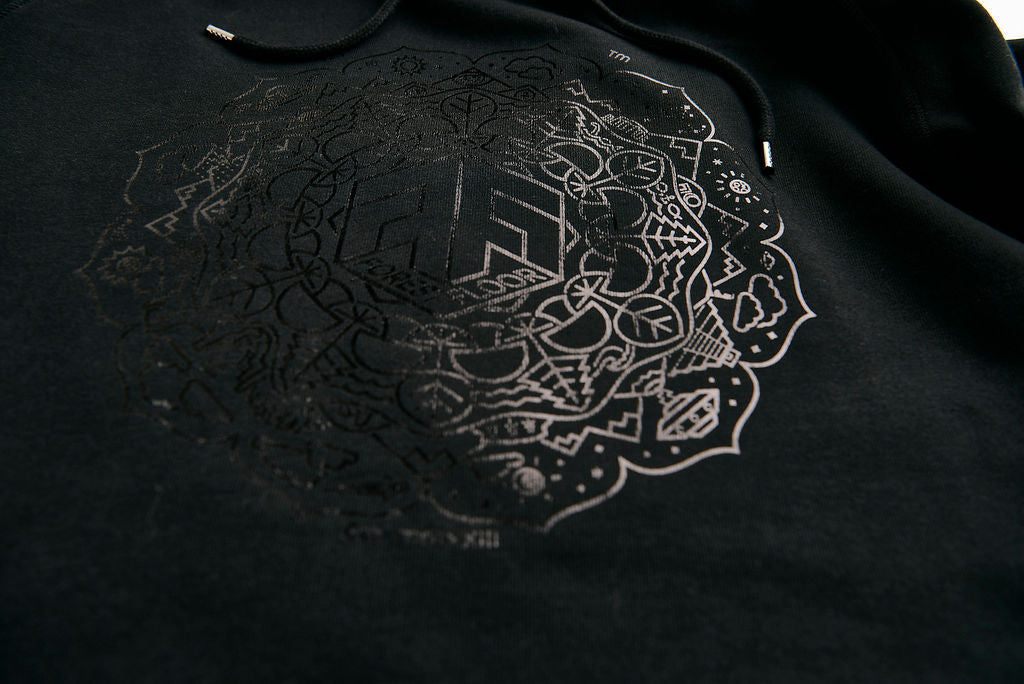 Holographic / Iridescent Foil FOREST FLOOR Mandala Logo™ on 100% Premium French Terry Cotton Hood