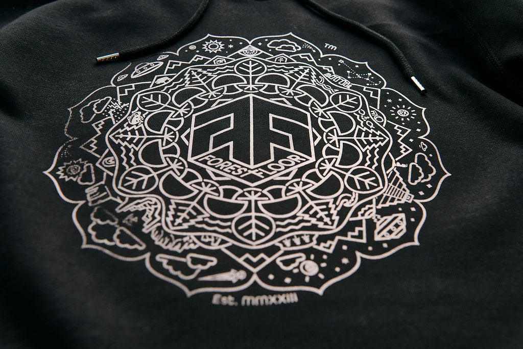 Holographic / Iridescent Foil FOREST FLOOR Mandala Logo™ on 100% Premium French Terry Cotton Hood