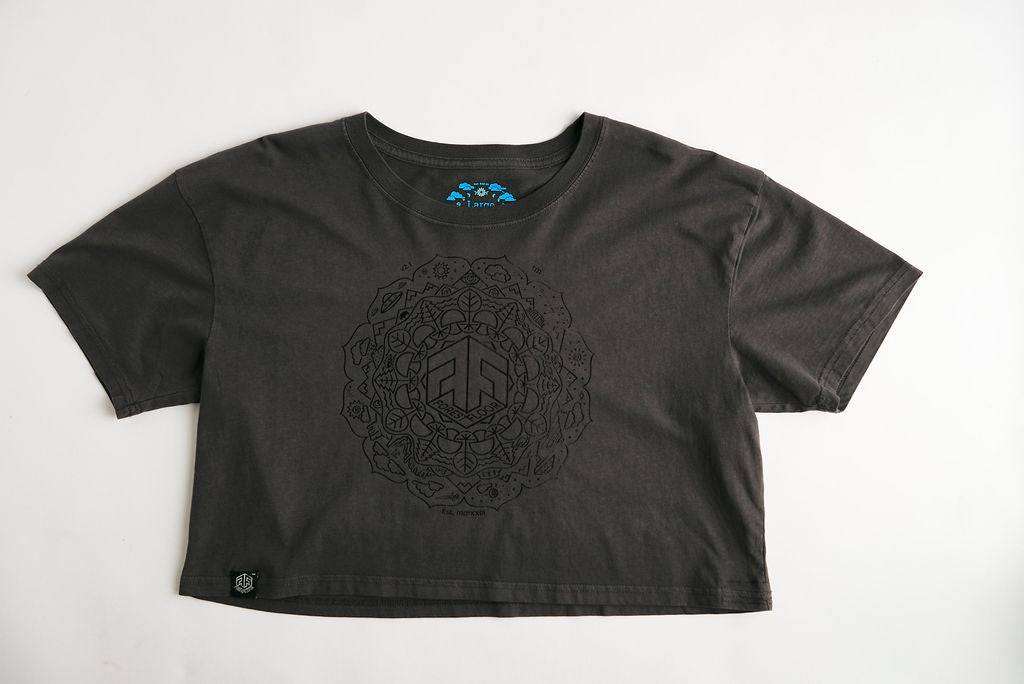 Holographic / Iridescent Foil FOREST FLOOR Mandala Logo™ on Woman’s 100% Cotton Premium Crop Top Tee