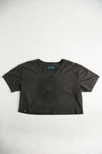 Holographic / Iridescent Foil FOREST FLOOR Mandala Logo™ on Woman’s 100% Cotton Premium Crop Top Tee
