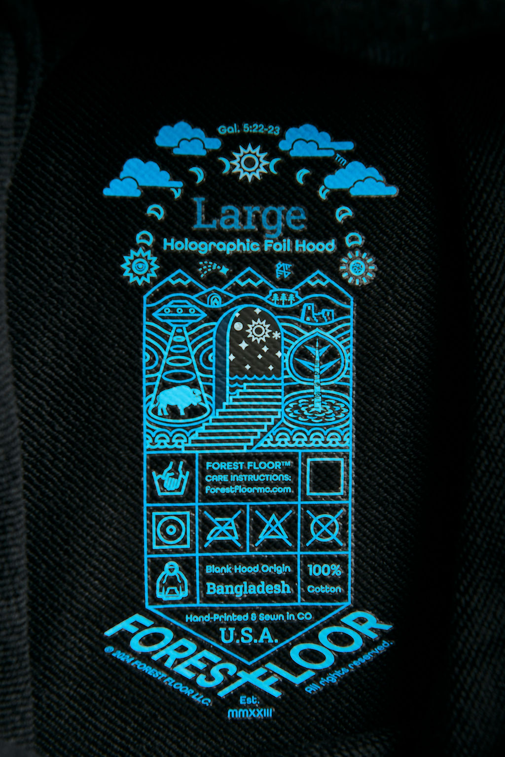 Holographic / Iridescent Foil FOREST FLOOR Mandala Logo™ on 100% Premium French Terry Cotton Hood