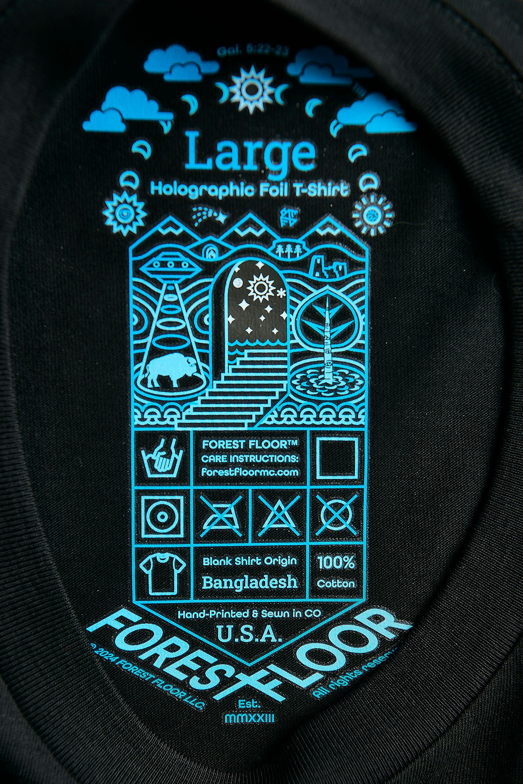 Holographic / Iridescent Foil FOREST FLOOR Mandala Logo™ on 100% Cotton Premium T-Shirt