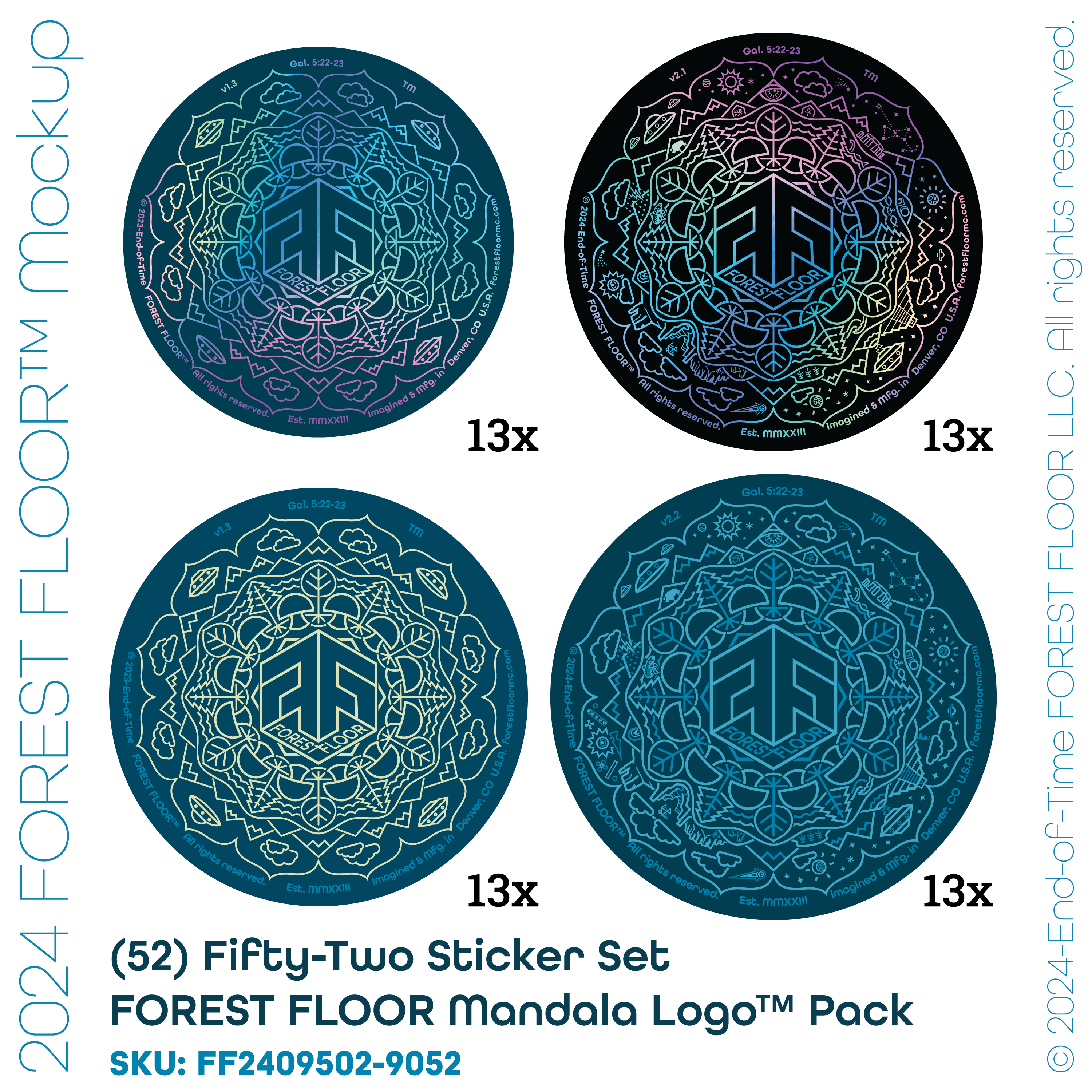 (52) Stickers Set, FOREST FLOOR Mandala Logo™, Pack of Fifty-Two Round Psychedelic Decals
