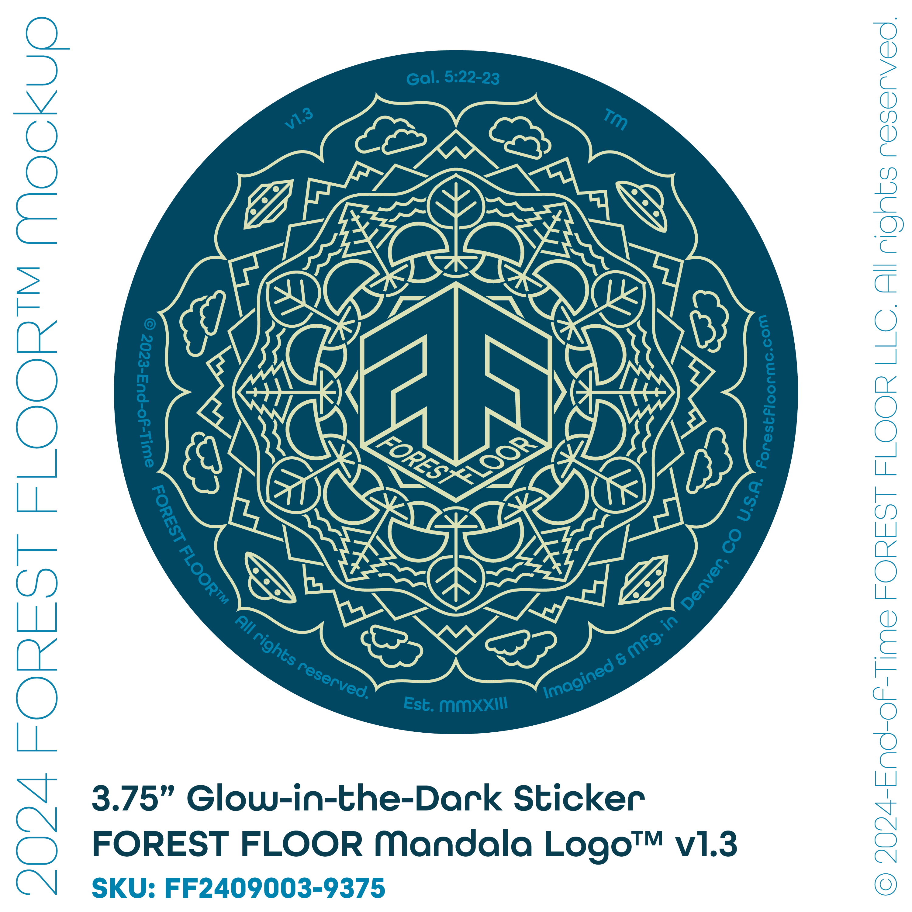 (1) Glow-in-the-Dark Sticker FOREST FLOOR Mandala Logo™ v1.3, One 3.75" Round Decal