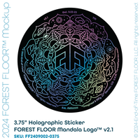 (1) Holographic Sticker FOREST FLOOR Mandala Logo™ v2.1 with Black Background, One 3.75" Round Iridescent Holo Decal