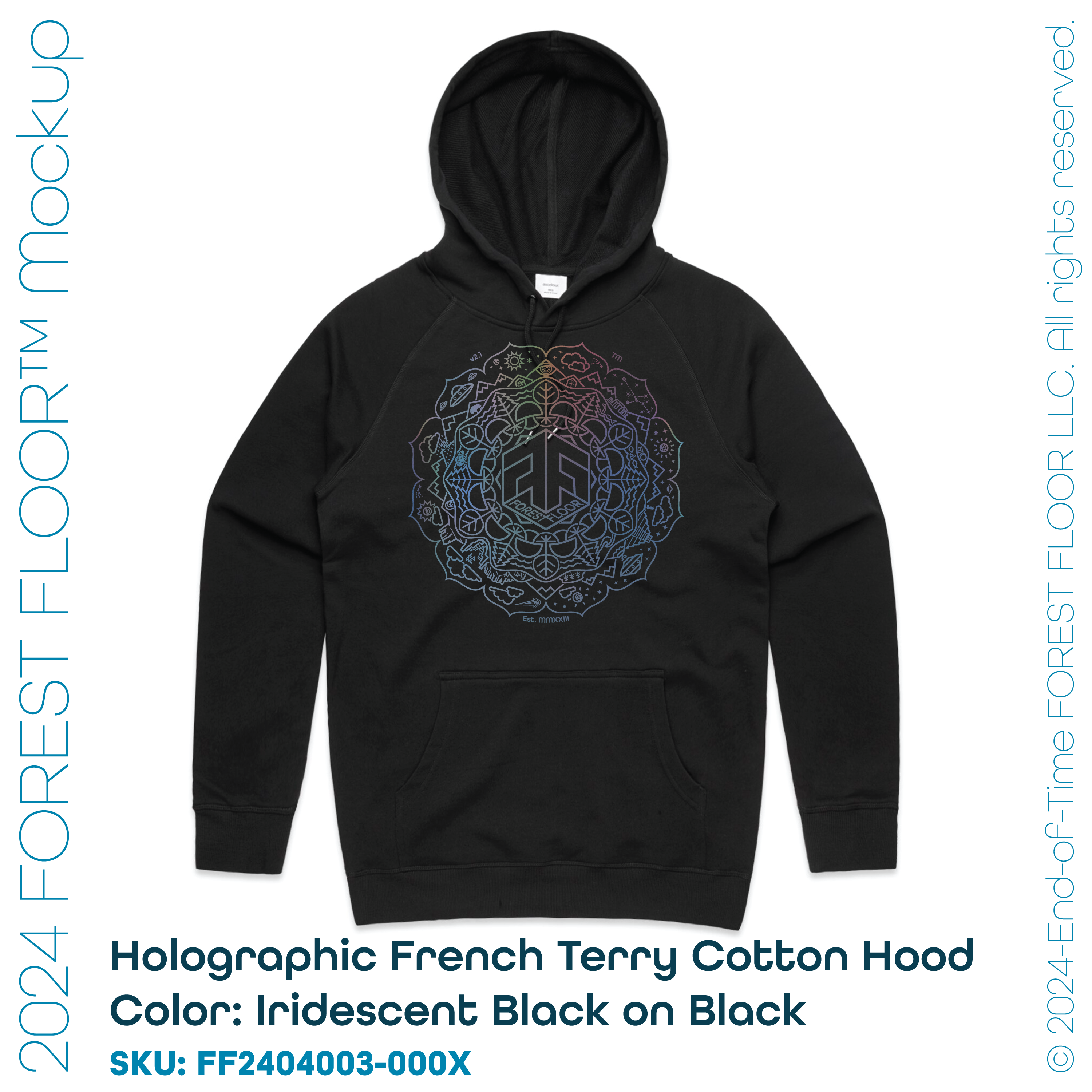 Holographic / Iridescent Foil FOREST FLOOR Mandala Logo™ on 100% Premium French Terry Cotton Hood