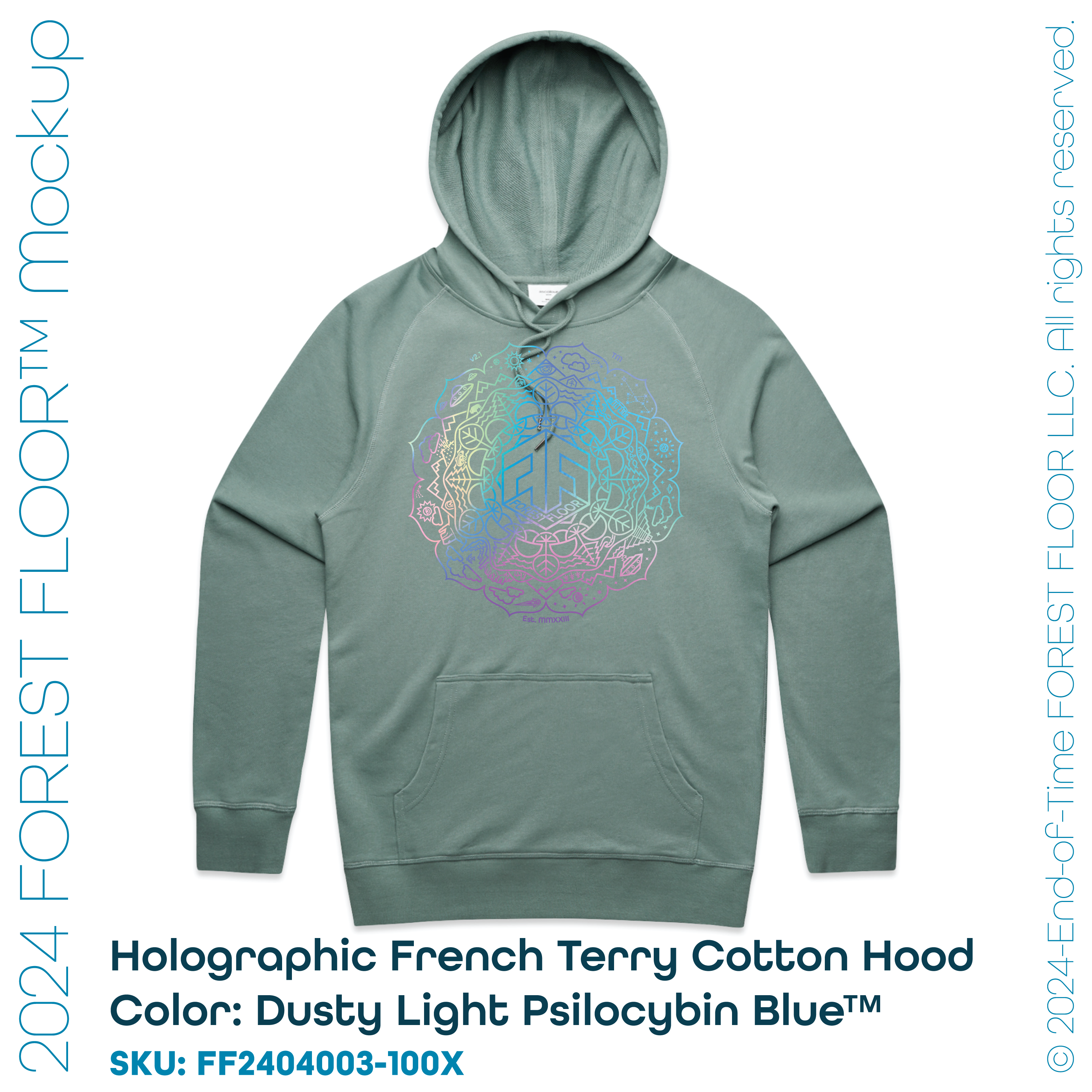 Holographic / Iridescent Foil FOREST FLOOR Mandala Logo™ on 100% Premium French Terry Cotton Hood