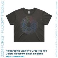 Holographic / Iridescent Foil FOREST FLOOR Mandala Logo™ on Woman’s 100% Cotton Premium Crop Top Tee