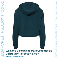 Women's Psilocybin Blue™ Glow-in-the-Dark FOREST FLOOR Mandala Logo™ on Cropped Sponge Fleece Hooded Sweatshirt