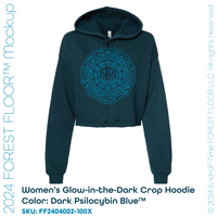 Women's Psilocybin Blue™ Glow-in-the-Dark FOREST FLOOR Mandala Logo™ on Cropped Sponge Fleece Hooded Sweatshirt