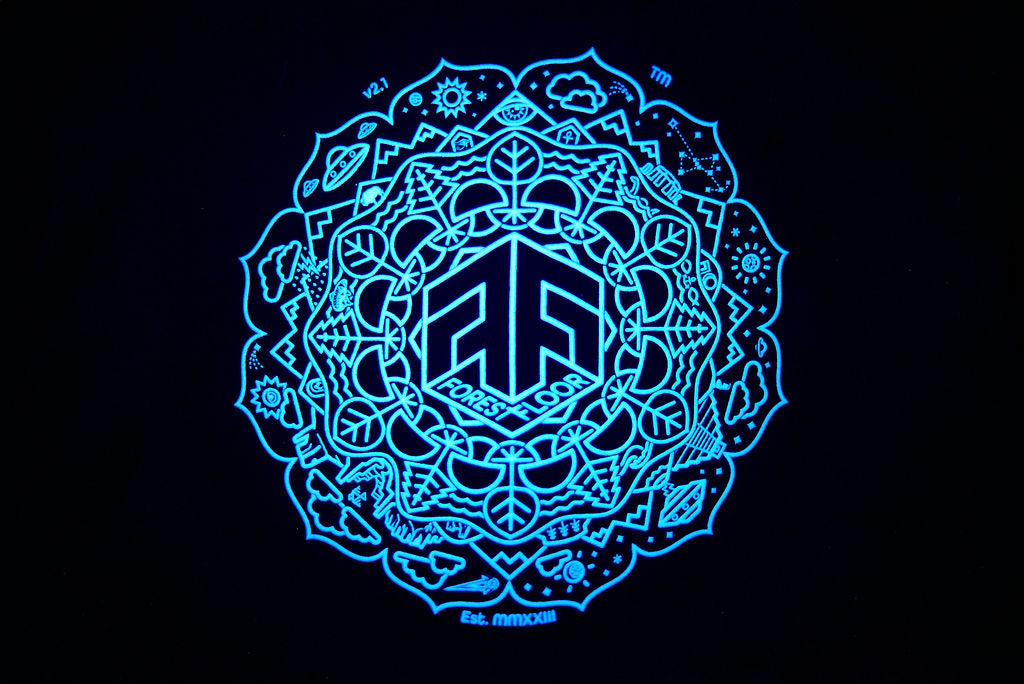 Psilocybin Blue™ Glow-in-the-Dark FOREST FLOOR Mandala Logo™ on 100% Cotton Tee