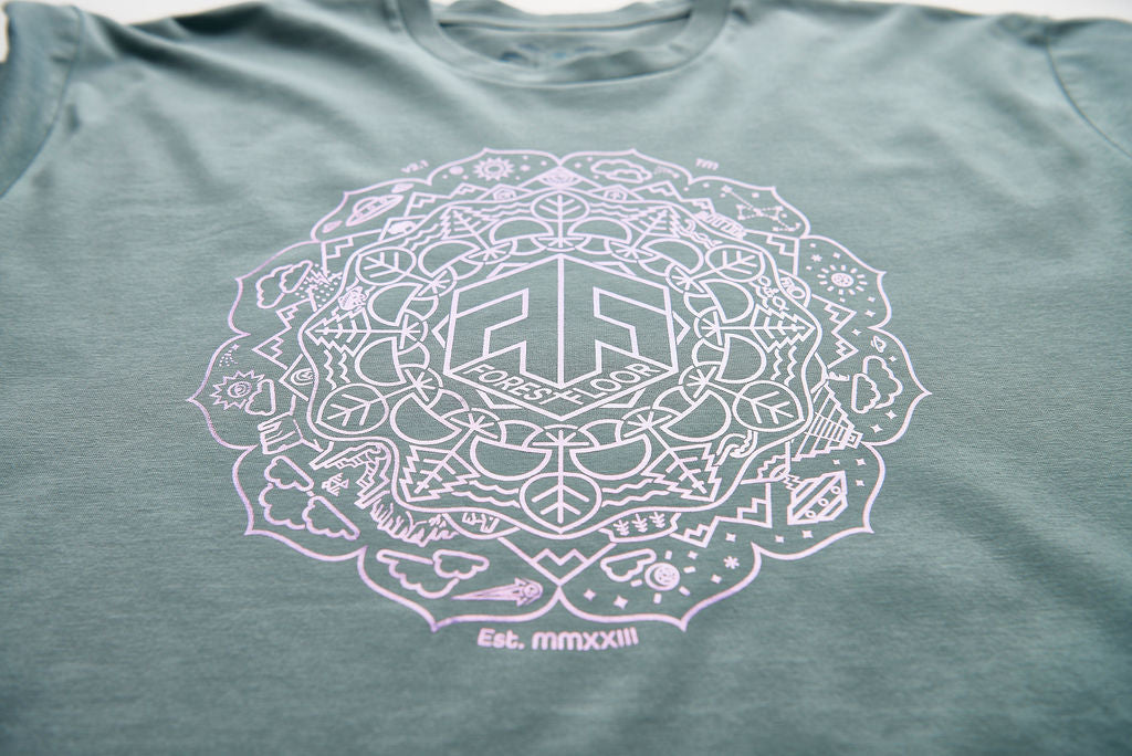 Holographic / Iridescent Foil FOREST FLOOR Mandala Logo™ on 100% Cotton Premium T-Shirt