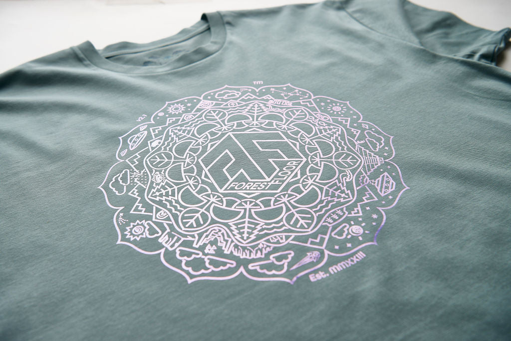 Holographic / Iridescent Foil FOREST FLOOR Mandala Logo™ on 100% Cotton Premium T-Shirt
