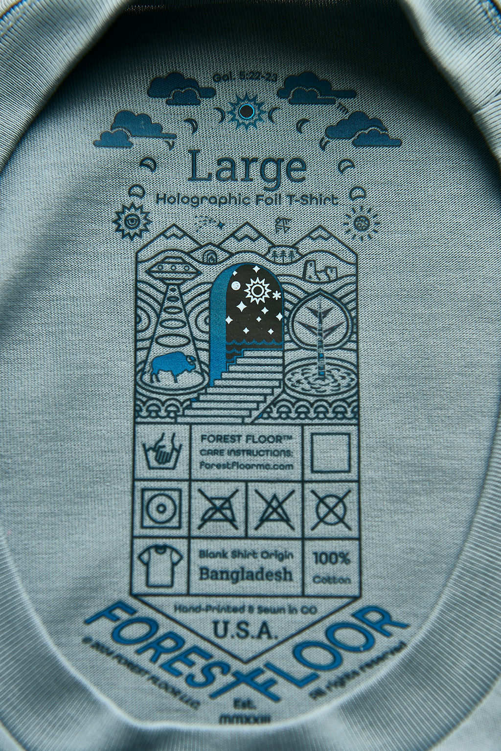 Holographic / Iridescent Foil FOREST FLOOR Mandala Logo™ on 100% Cotton Premium T-Shirt