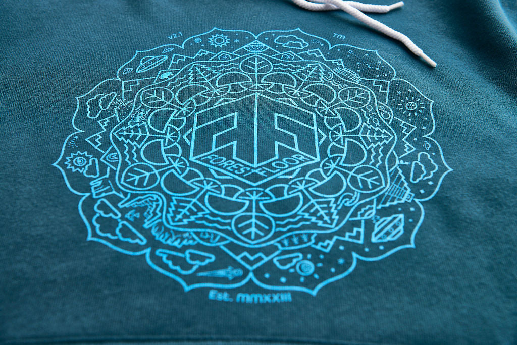Men's / Unisex Psilocybin Blue™ Glow-in-the-Dark FOREST FLOOR Mandala Logo™ on Sponge Fleece Hooded Sweatshirt
