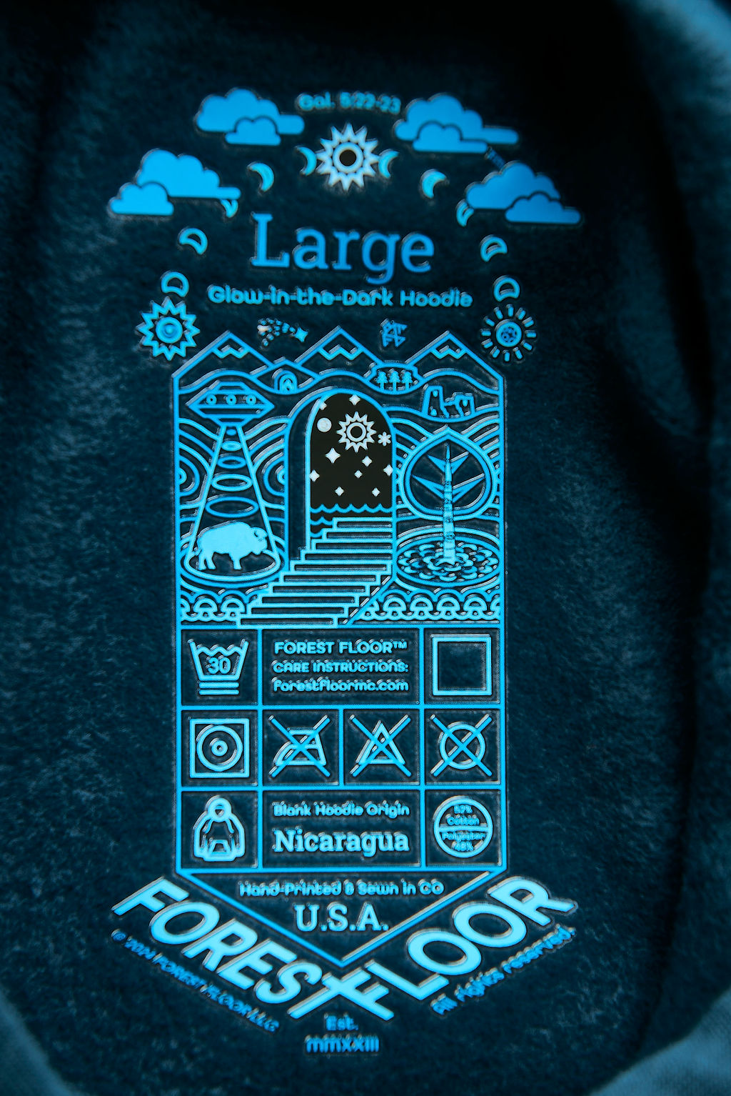Men's / Unisex Psilocybin Blue™ Glow-in-the-Dark FOREST FLOOR Mandala Logo™ on Sponge Fleece Hooded Sweatshirt