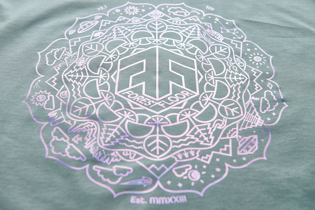 Holographic / Iridescent Foil FOREST FLOOR Mandala Logo™ on 100% Premium French Terry Cotton Hood