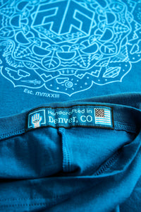 Psilocybin Blue™ Glow-in-the-Dark FOREST FLOOR Mandala Logo™ on 100% Cotton Tee