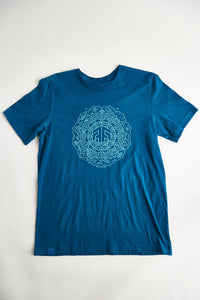 Psilocybin Blue™ Glow-in-the-Dark FOREST FLOOR Mandala Logo™ on 100% Cotton Tee