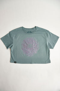 Holographic / Iridescent Foil FOREST FLOOR Mandala Logo™ on Woman’s 100% Cotton Premium Crop Top Tee
