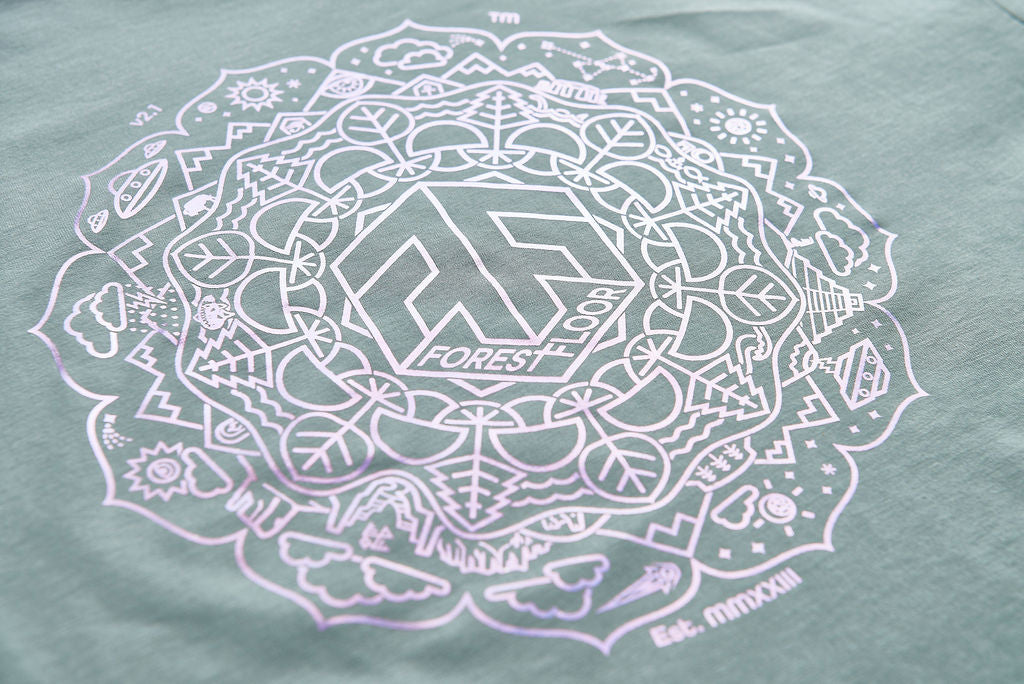 Holographic / Iridescent Foil FOREST FLOOR Mandala Logo™ on Woman’s 100% Cotton Premium Crop Top Tee
