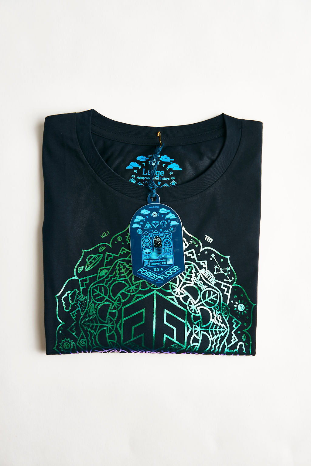 Holographic / Iridescent Foil FOREST FLOOR Mandala Logo™ on Woman’s 100% Cotton Premium Crop Top Tee