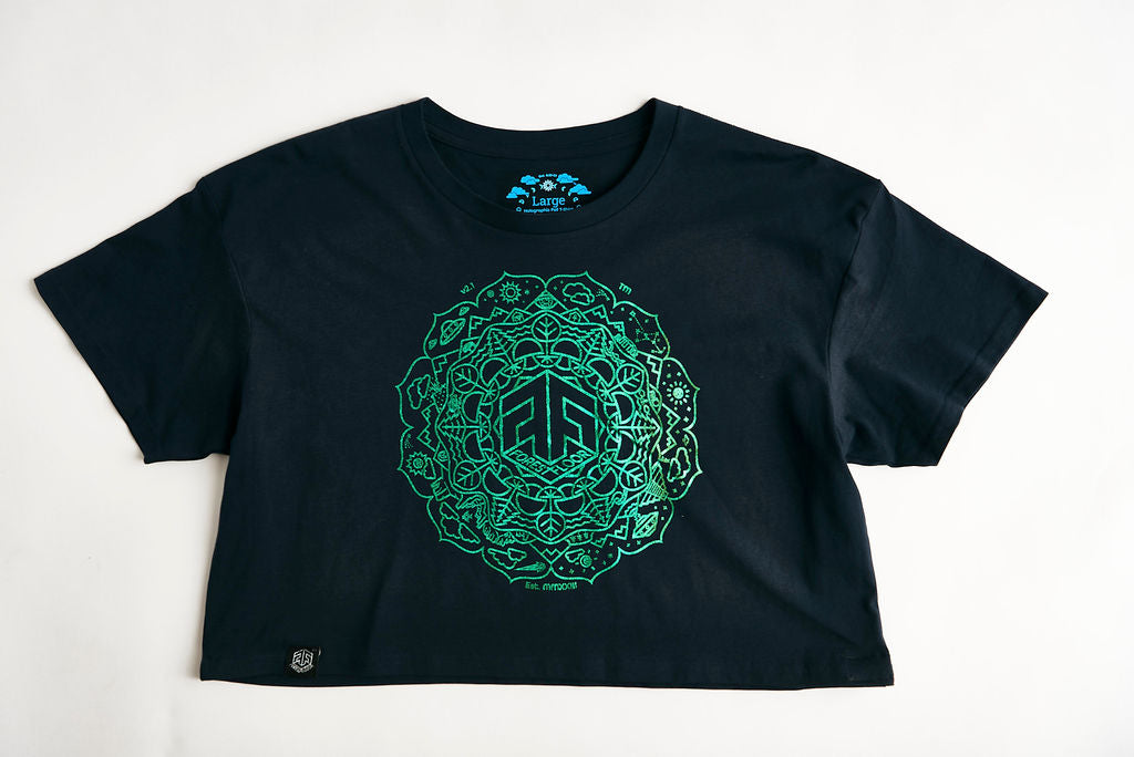 Holographic / Iridescent Foil FOREST FLOOR Mandala Logo™ on Woman’s 100% Cotton Premium Crop Top Tee