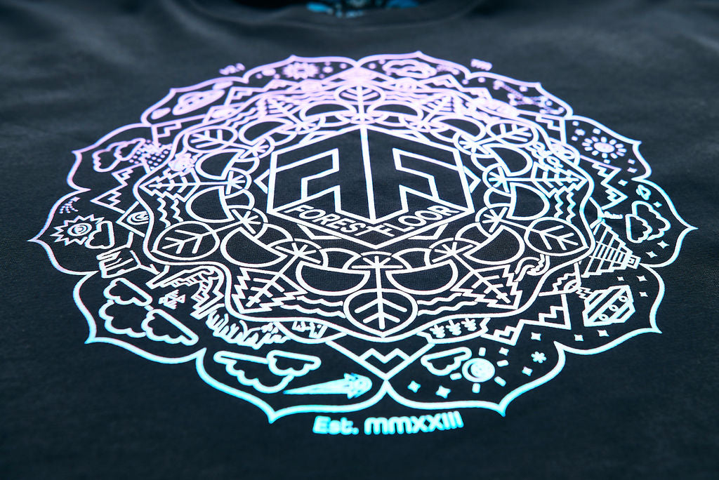 Holographic / Iridescent Foil FOREST FLOOR Mandala Logo™ on Woman’s 100% Cotton Premium Crop Top Tee