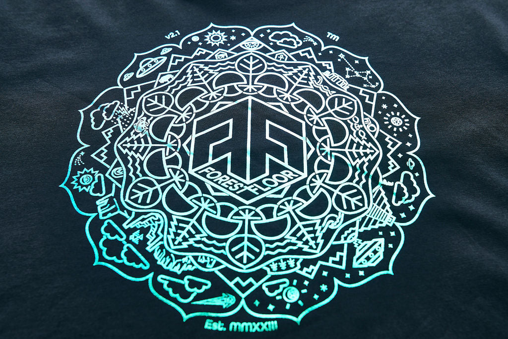 Holographic / Iridescent Foil FOREST FLOOR Mandala Logo™ on Woman’s 100% Cotton Premium Crop Top Tee