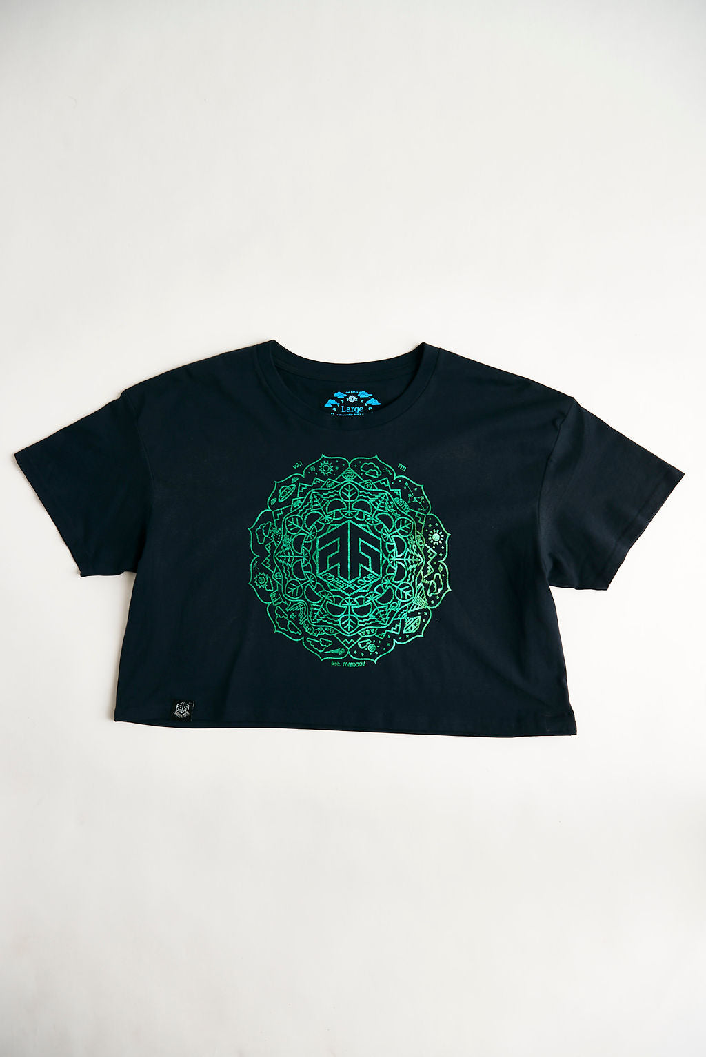 Holographic / Iridescent Foil FOREST FLOOR Mandala Logo™ on Woman’s 100% Cotton Premium Crop Top Tee