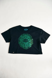 Holographic / Iridescent Foil FOREST FLOOR Mandala Logo™ on Woman’s 100% Cotton Premium Crop Top Tee