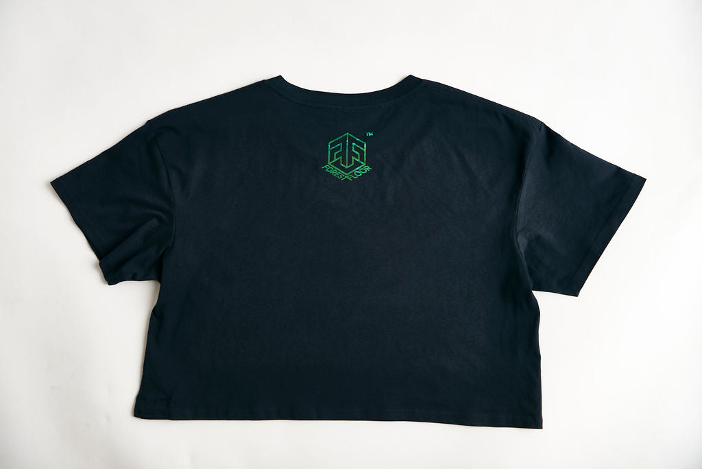 Holographic / Iridescent Foil FOREST FLOOR Mandala Logo™ on Woman’s 100% Cotton Premium Crop Top Tee