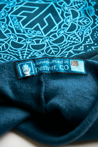 Women's Psilocybin Blue™ Glow-in-the-Dark FOREST FLOOR Mandala Logo™ on Cropped Sponge Fleece Hooded Sweatshirt