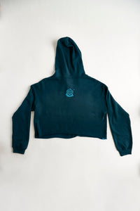 Women's Psilocybin Blue™ Glow-in-the-Dark FOREST FLOOR Mandala Logo™ on Cropped Sponge Fleece Hooded Sweatshirt