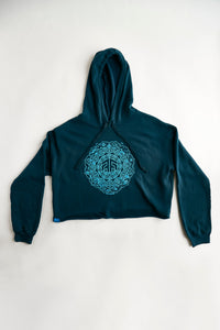 Women's Psilocybin Blue™ Glow-in-the-Dark FOREST FLOOR Mandala Logo™ on Cropped Sponge Fleece Hooded Sweatshirt