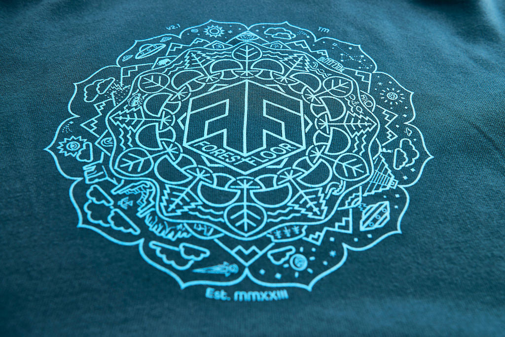 Women's Psilocybin Blue™ Glow-in-the-Dark FOREST FLOOR Mandala Logo™ on Cropped Sponge Fleece Hooded Sweatshirt