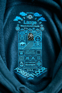 Women's Psilocybin Blue™ Glow-in-the-Dark FOREST FLOOR Mandala Logo™ on Cropped Sponge Fleece Hooded Sweatshirt